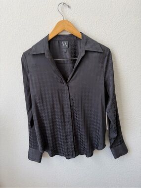 Worthington Gray Satin Houndstooth Button-Down Blouse